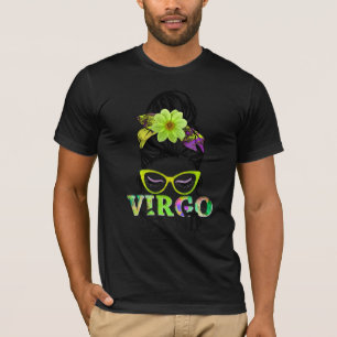 Virgo Girl Birthday Messy Bun Hair Colorful Floral T-Shirt