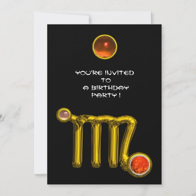 VIRGO /GOLD ZODIAC SIGN JEWEL BLACK BIRTHDAY PARTY INVITATION (Front)