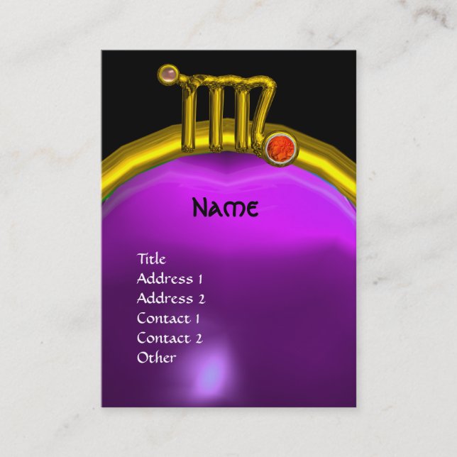 VIRGO / GOLD ZODIAC SIGN JEWEL PURPLE GEM MONOGRAM BUSINESS CARD (Front)