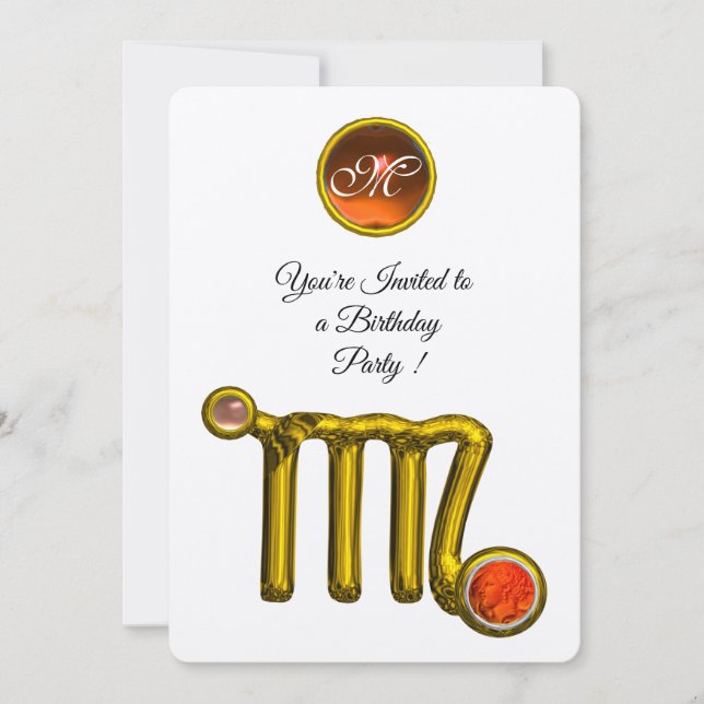 VIRGO /GOLD ZODIAC SIGN JEWEL WHITE BIRTHDAY PARTY INVITATION (Front)