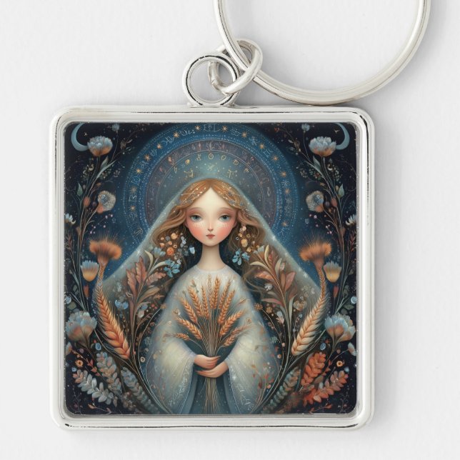 Virgo Maiden Zodiac Astrology Celestial Birthday Key Ring (Front)