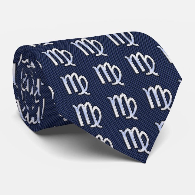 Virgo Sign on Blue Carbon Fibre Print Style Tie (Rolled)