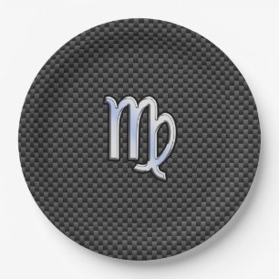 Virgo Sign on Charcoal Carbon Fibre Print Paper Plate