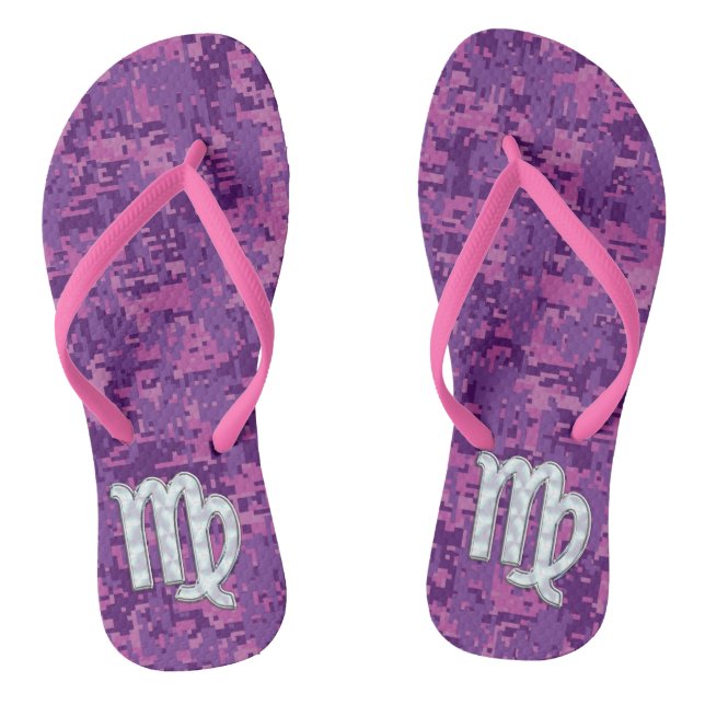 Virgo Sign Pink Fuchsia Digital Camouflage Style Flip Flops (Footbed)