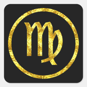 Virgo Sun Sign Black Circle Hammered Gold Look Square Sticker