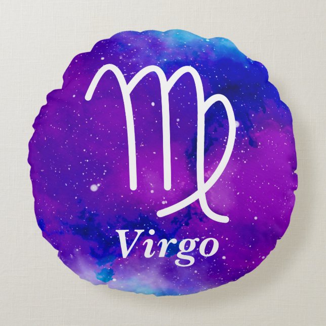 Virgo Symbol Purple Blue Space Nebula Round Cushion (Front)