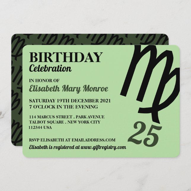Virgo, The Maiden, Zodiac Star Sign, Birthday Invitation (Front/Back)