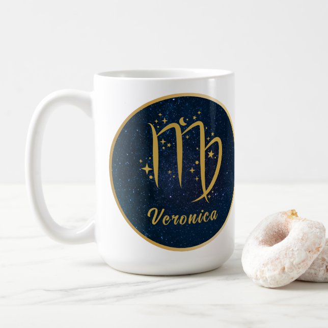 Virgo the Maiden zodiac symbol gold personalised Coffee Mug (With Donut)