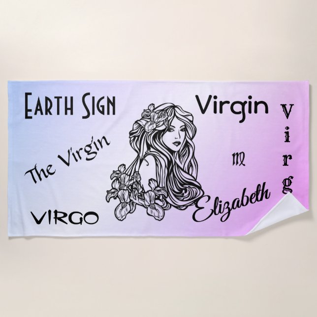 Virgo The Virgin Zodiac Purple Beach Towel (Front)