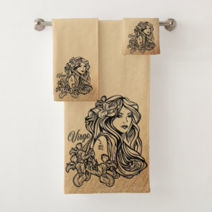 Virgo Zodiac Antique Personal Text in Spine Bath Towel Set
