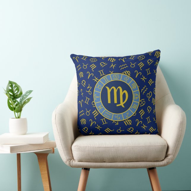 Virgo Zodiac+Astrology Symbols Pattern Gold+Blues Cushion (Chair)