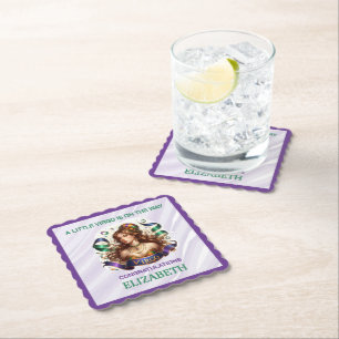 Virgo Zodiac Baby Shower Lavender and Green Paper Coaster