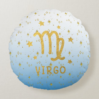 Virgo Zodiac Blue and Gold Round Pillow