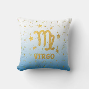 Virgo Zodiac Blue and Gold Throw Pillow