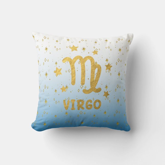 Virgo Zodiac Blue and Gold Throw Pillow (Front)