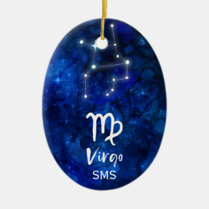Virgo Zodiac Constellation Blue Galaxy Monogram Ceramic Tree Decoration