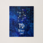 Virgo Zodiac Constellation Blue Galaxy Monogram Jigsaw Puzzle<br><div class="desc">Virgo Zodiac Constellation Blue Galaxy Monogram Design With trendy Brushed Script Font, Dark blue celestial watercolor background texture, Glowing star constellation, and The Maiden symbol. Modern Astrological Sign Birth Horoscope, is perfect for any Virgo Birthday From August 23 - September 22 ! With Optional Monogrammed First Middle and Last name...</div>