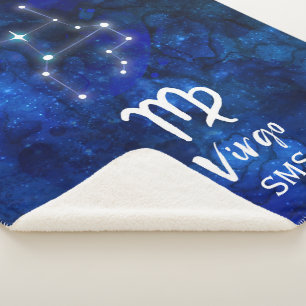 Virgo Zodiac Constellation Blue Galaxy Monogram Sherpa Blanket