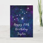 Virgo Zodiac Constellation Happy Birthday Card<br><div class="desc">This cosmic and celestial birthday card can be personalised with a name or title such as mum, daughter, granddaughter, niece, friend etc. The design features the Virgo zodiac constellation on a dark blue and purple watercolor galaxy background with scattered stars. The text combines handwritten script and modern serif fonts for...</div>