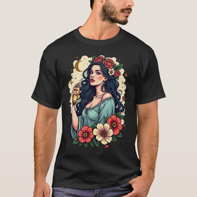 Virgo Zodiac Design - Floral Maiden with Gold Spra T-Shirt (Front)