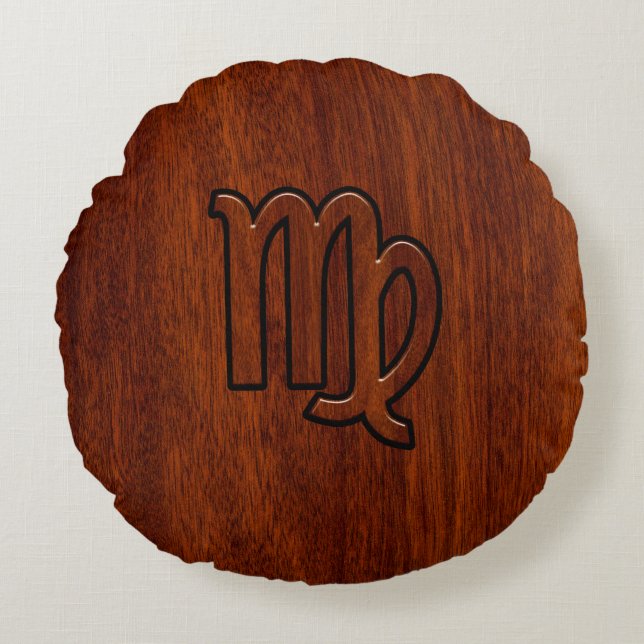 Virgo Zodiac in Mahogany wood style Round Cushion (Front)