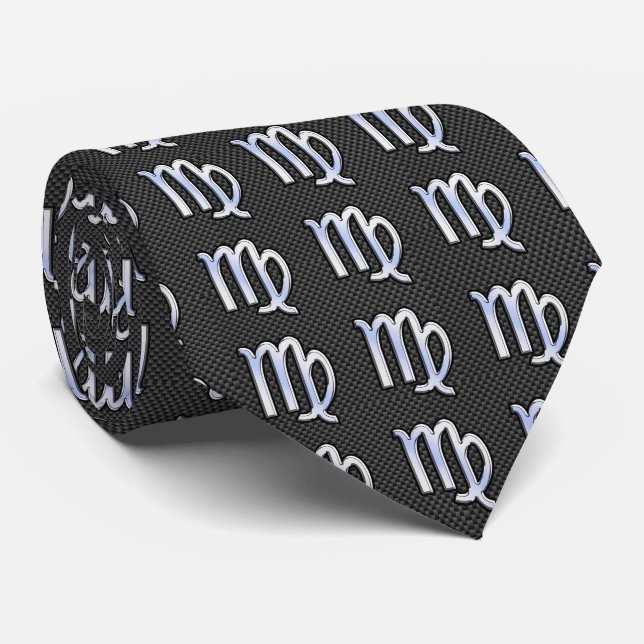 Virgo Zodiac on Charcoal Carbon Fibre Print Tie (Rolled)