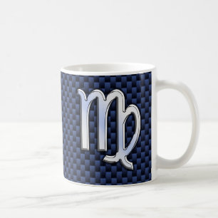 Virgo Zodiac on Navy Blue Carbon Fibre Print Style Coffee Mug