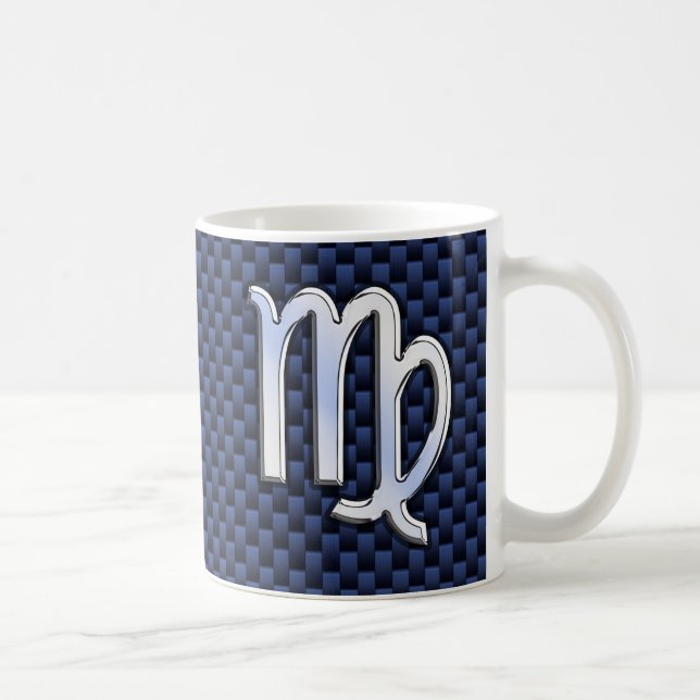 Virgo Zodiac on Navy Blue Carbon Fibre Print Style Coffee Mug (Right)