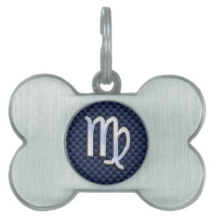 Virgo Zodiac on Navy Blue Carbon Fibre Print Style Pet Name Tag