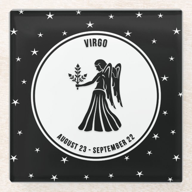 Virgo Zodiac Sign, Black & White Glass Coaster (Front)