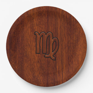 Virgo Zodiac Sign in Rich Mahogany Wood Style Paper Plate