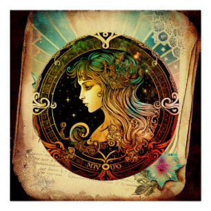Virgo zodiac sign on antique book page