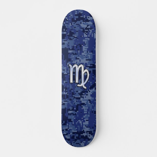 Virgo Zodiac Sign on Blue Digital Camouflage Skateboard (Front)