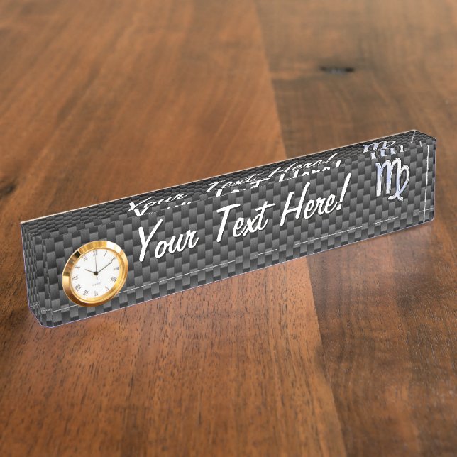 Virgo Zodiac Sign on Charcoal Carbon Fiber Style Nameplate (Side)