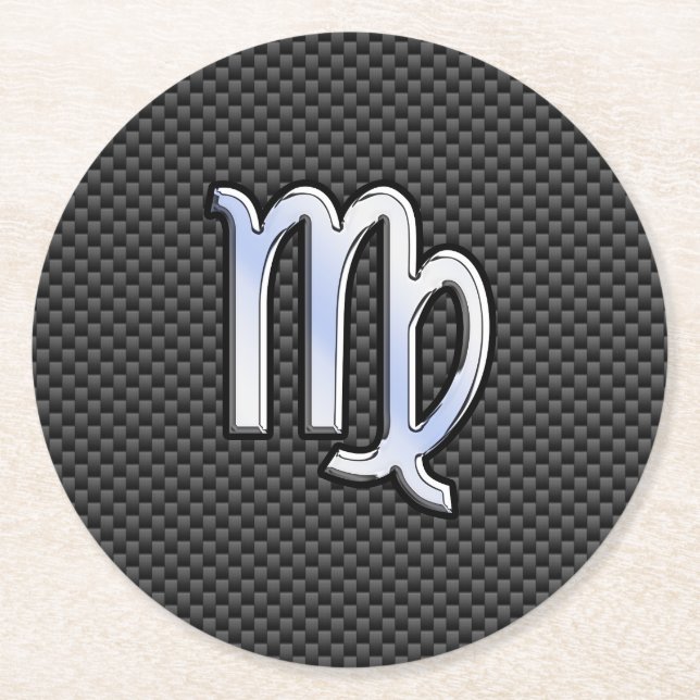 Virgo Zodiac Sign on Charcoal Carbon Fibre Print Round Paper Coaster (Front)