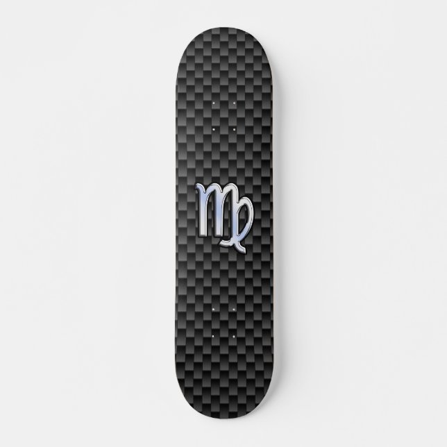 Virgo Zodiac Sign on Charcoal Carbon Fibre Style Skateboard (Front)