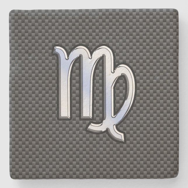Virgo Zodiac Sign on Charcoal Carbon Fibre Style Stone Coaster (Front)