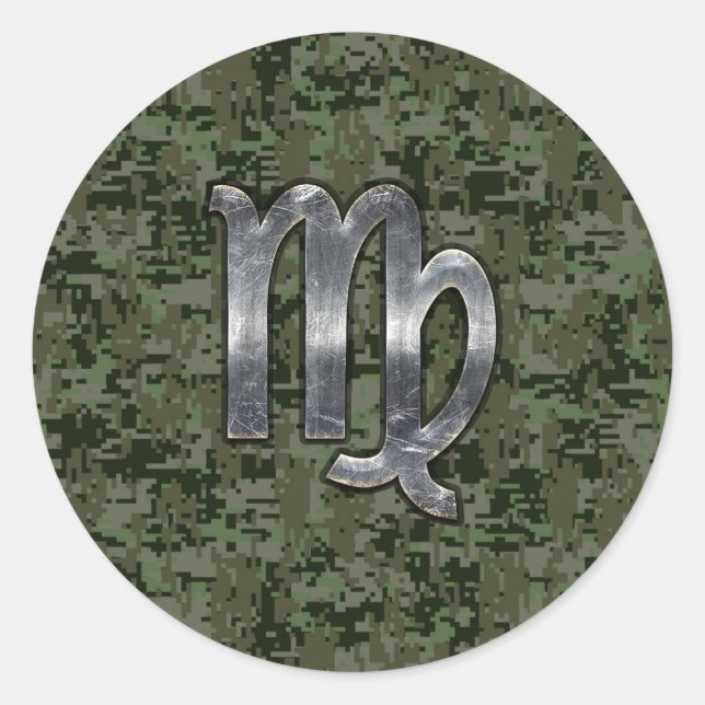 Virgo Zodiac Sign on Green Digital Camo Classic Round Sticker (Front)