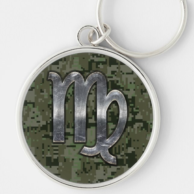 Virgo Zodiac Sign on Green Digital Camo Decor Key Ring (Front)