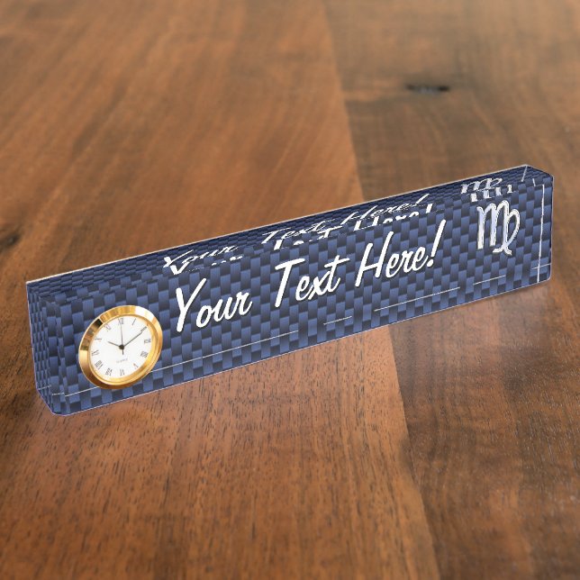 Virgo Zodiac Sign on Navy Blue Carbon Fibre Print Nameplate (Side)