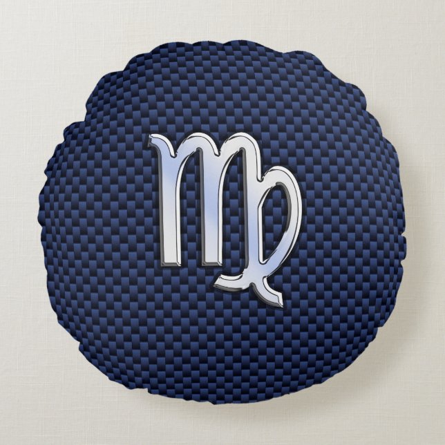 Virgo Zodiac Sign on Navy Blue Carbon Fibre Print Round Cushion (Front)