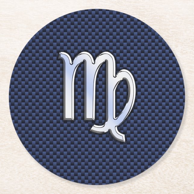 Virgo Zodiac Sign on Navy Blue Carbon Fibre Print Round Paper Coaster (Front)