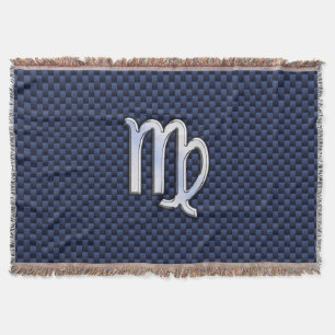Virgo Zodiac Sign on Navy Blue Carbon Fibre Print Throw Blanket