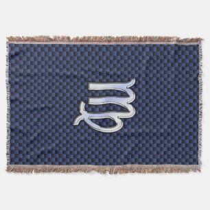Virgo Zodiac Sign on Navy Blue Carbon Fibre Print Throw Blanket