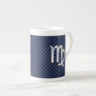 Virgo Zodiac Sign on Navy Blue Carbon Fibre Style Bone China Mug