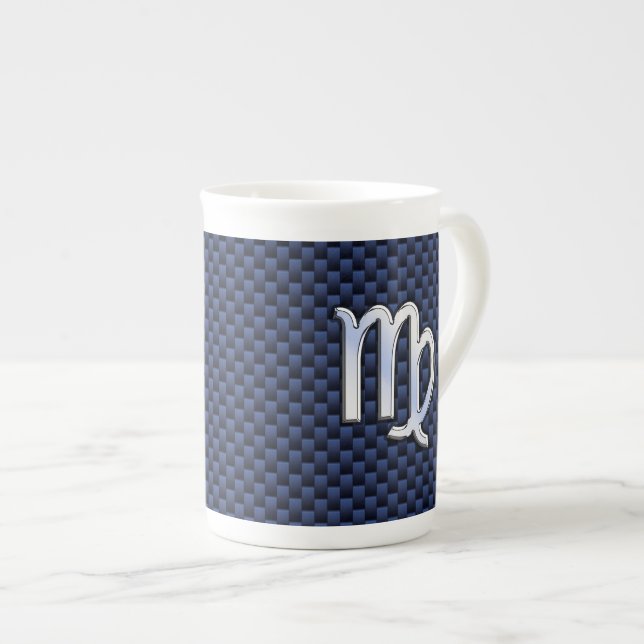 Virgo Zodiac Sign on Navy Blue Carbon Fibre Style Bone China Mug (Front Right)