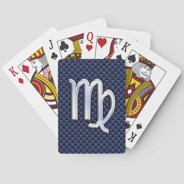 Virgo Zodiac Sign on Navy Blue Carbon Fibre Style Playing Cards (Back)