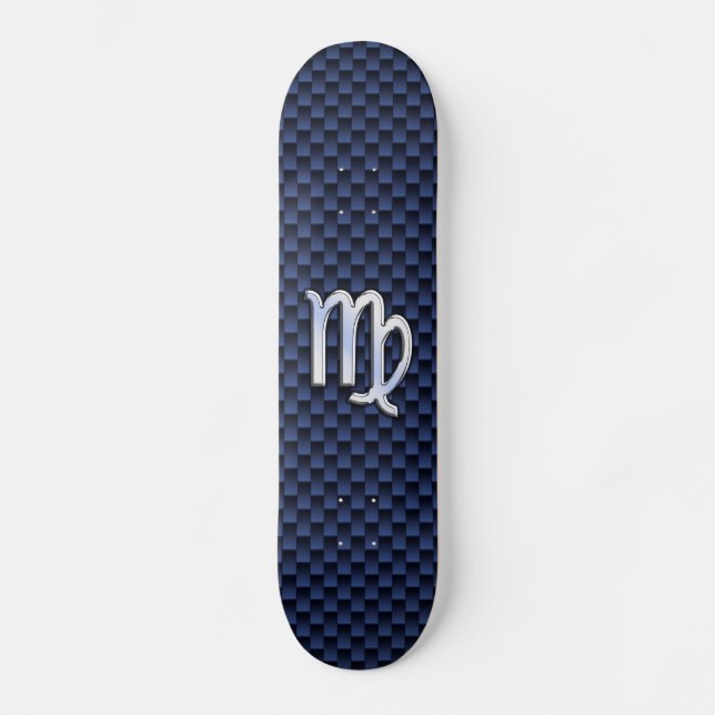 Virgo Zodiac Sign on Navy Blue Carbon Fibre Style Skateboard (Front)