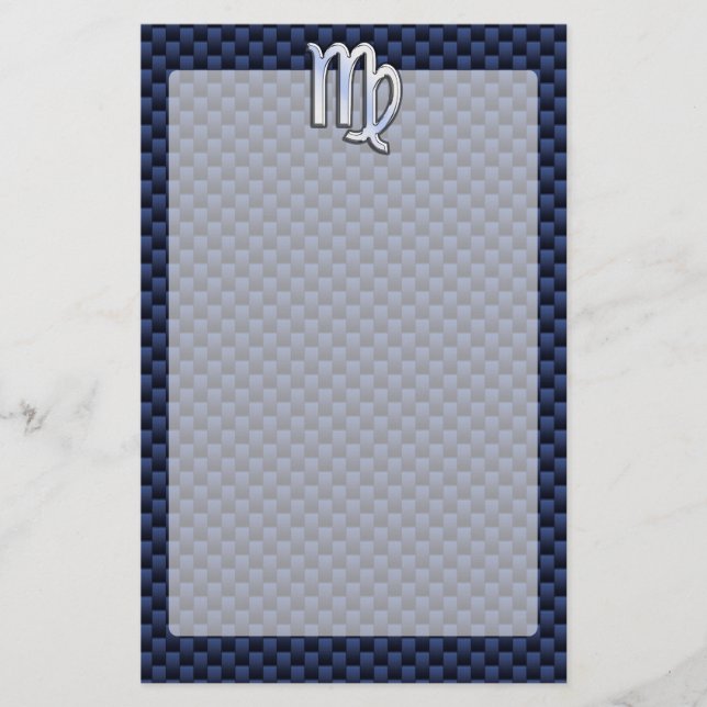 Virgo Zodiac Sign on Navy Blue Carbon Fibre Style Stationery (Front)