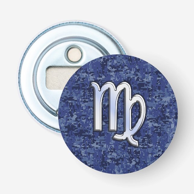 Virgo Zodiac Sign on Navy Blue Digital Camouflage Bottle Opener (Front)